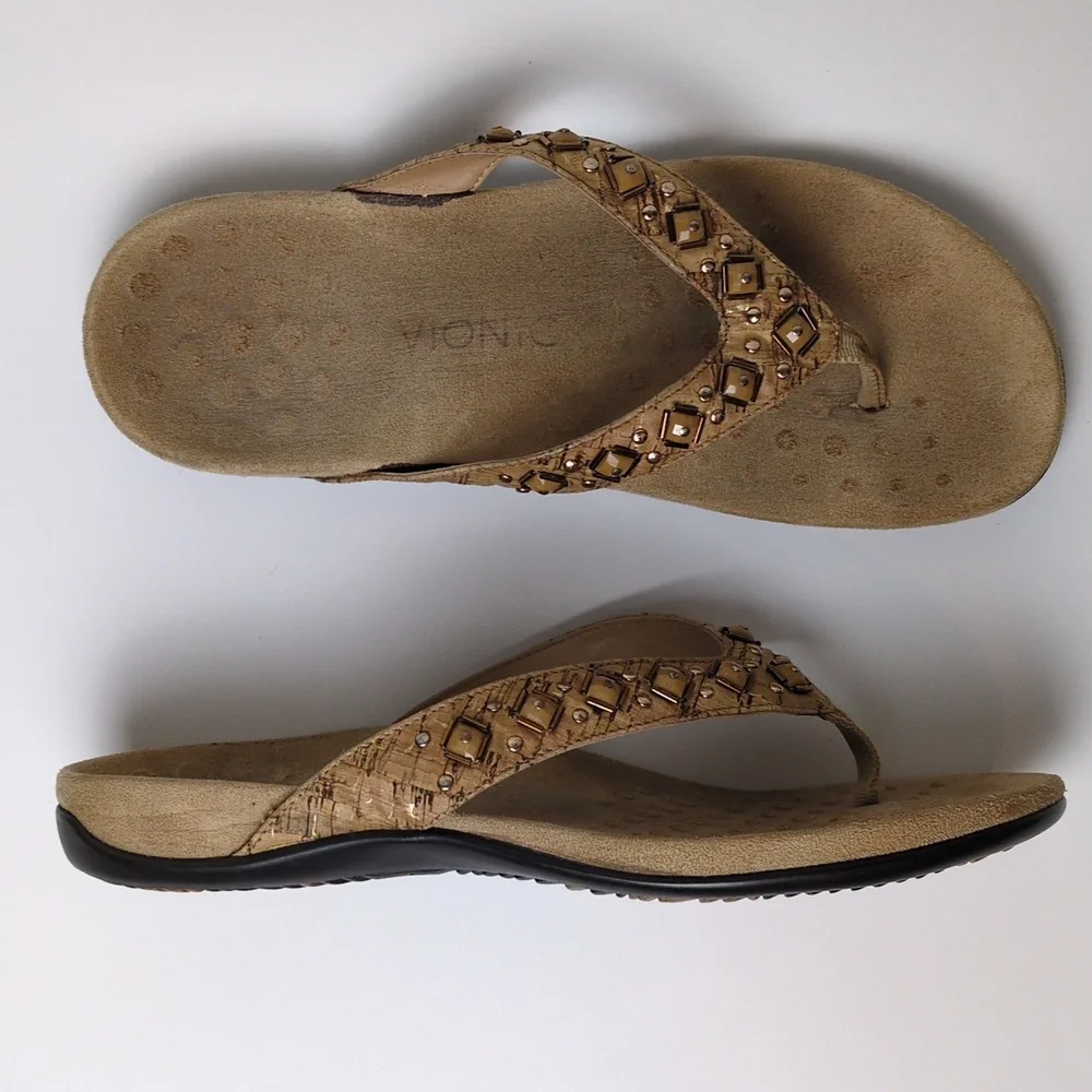 Vionic Floriana Tan Cork Embellished Suede Thong Flip Flop Sandals Women's 9